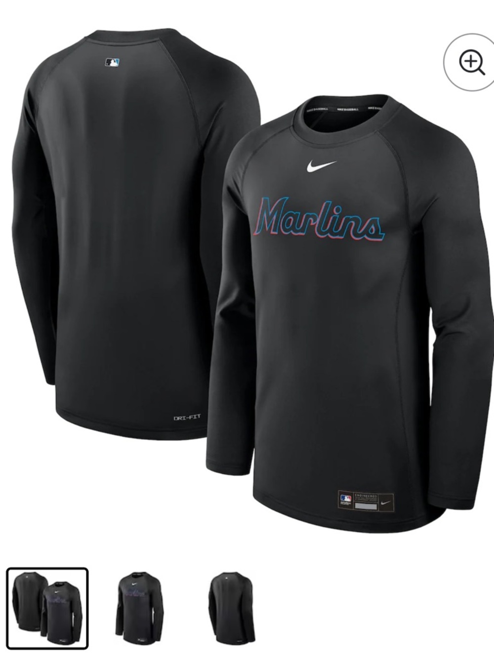 NWT Men's Marlins Nike Black Authentic Collection Raglan Dri-FIT Long Sleeve